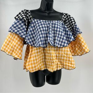 Gingham Off Shoulder Layered Ruffle Blouse Flutter Sleeves Yellow Blue Black XS